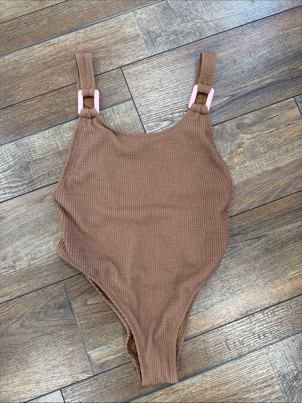 Aerie Textured Brown One-Piece Swimsuit with Pink Strap Accents